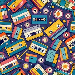 seamless pattern of cassette tapes and vinyl records, Generative AI