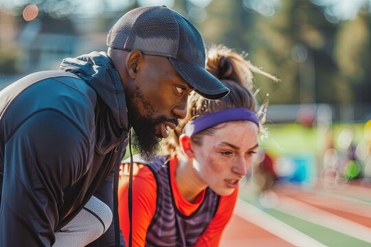 Track and field coach instructing an athlete, highlighting training and mentorship