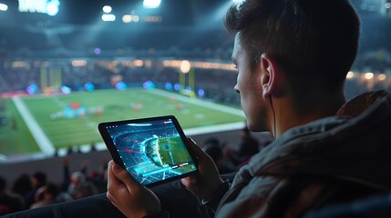 A man is watching a football broadcast via a tablet. 