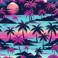 Fototapeta premium seamless pattern of neon palm trees and sunsets, Generative AI