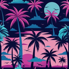 Fototapeta premium seamless pattern of neon palm trees and sunsets, Generative AI
