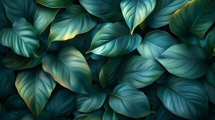 A close up of a surface of green leaves texture. The leaves are arranged in a way that creates a sense of depth and movement. Scene is serene and peaceful, as if the viewer is standing in a lush.