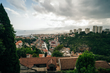 Fototapeta premium Scenic panoramic view of Rijeka port city on Adriatic seacoast from Trsat castle, Croatia