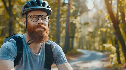 Obraz premium Cheerful bearded man in activewear, black helmet and sport glasses sitting on bike and looking on camera with beautiful nature around