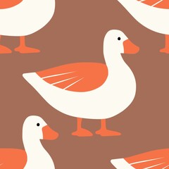 Seamless hand drawn pattern background of cute ducks, bird illustration, goose