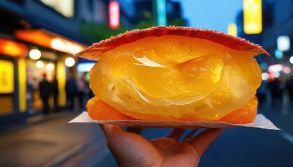 Hand holding a bright orange jelly dessert.