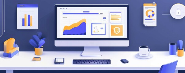 A business graph on a laptop screen depicts data analysis on a digital device