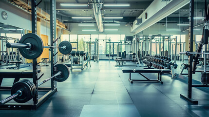 Fototapeta premium Fitness Club Interior with Weight Bars and Racks