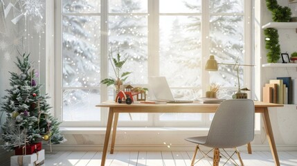 Modern desk in a brightly lit room, with a clear space for Christmas decorations, set against a backdrop of a snowy window