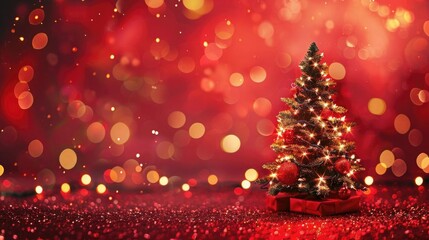 Christmas tree with shimmering bokeh lights, holiday design, abstract style, red canvas backdrop, isolated on white background