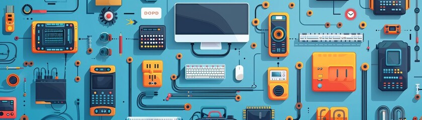 Innovative technology programs, flat design, top view, equipment theme, cartoon drawing, vivid