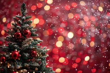 Christmas tree and bokeh lights, holiday scene, cyberpunk style, red canvas background, isolated on white background