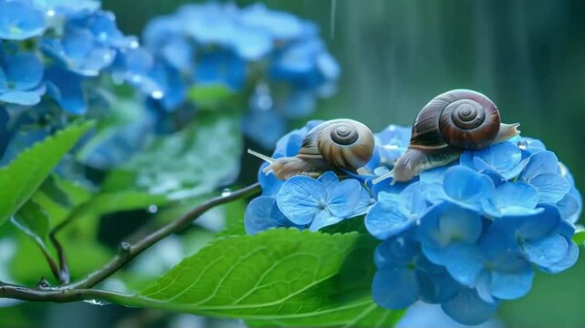 6月梅雨のイメージ。雨の中の紫陽花とカタツムリ。