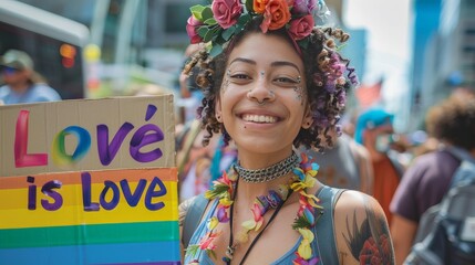 Fototapeta premium Transgender person smiling confidently, holding a sign that says 