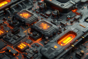 Fototapeta premium Close Up of High Tech Circuitry Orange and Black Electronics Cybernetic Innovation