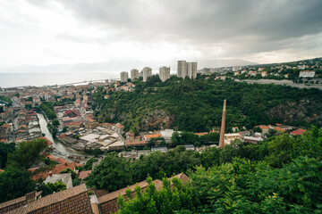 Scenic panoramic view of Rijeka port city on Adriatic seacoast from Trsat castle, Croatia