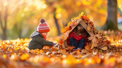 Two young children play together in a pile of autumn leaves. The child on the left is holding a small branch while the other child is hiding inside a makeshift fort made out of cardboard and leaves. T