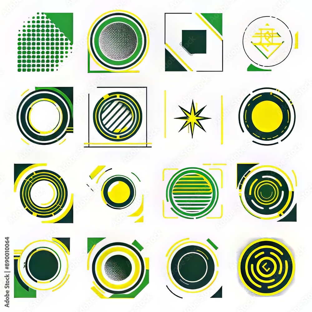 Poster futuristic geometric shapes and patterns in green and yellow color scheme