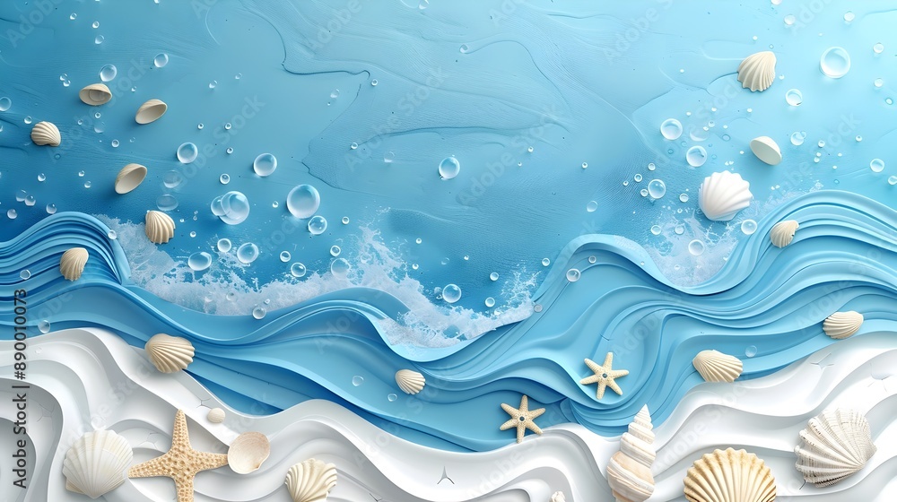 Poster serene ocean inspired frame with flowing waves and seashell elements