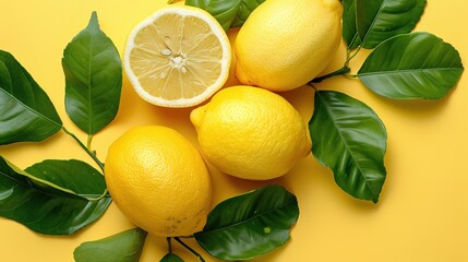 Whole and halved lemons with green leaves on a yellow background close-up