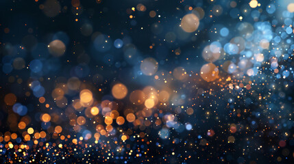 Festive background, Falling small round pieces of gold foil, glowing circles of different sizes on blue blurred bokeh background,abstract sparkling lights bokeh background
