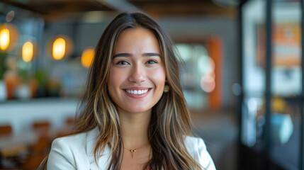 Obraz premium smiling and beautiful young blonde colombian woman wearing business attire with modern coworking office background in business environment during day time