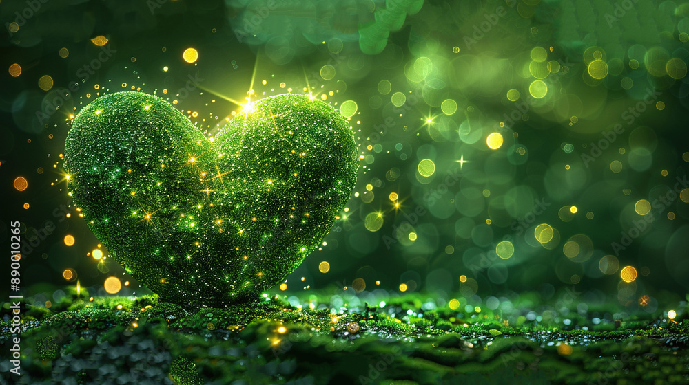 Aufkleber a green heart-shaped object rests atop a verdant field with many sparkles in the backdrop