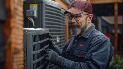 Professional repairing and maintaining of outdoor air conditioning and heat pump units by a skilled technician.