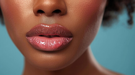 Naklejka premium Close up of brown African American woman's lips with shiny clear lip gloss with mouth closed