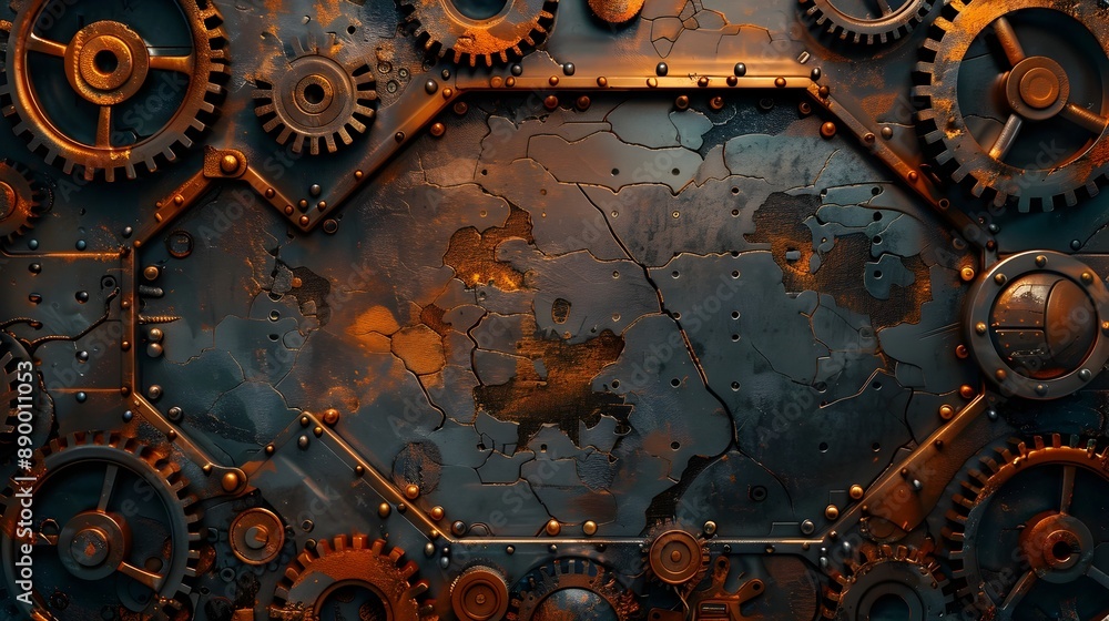 Poster steampunk mechanical frame with gears and cogs on rusty industrial background