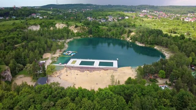 Flooded Quarry - Balaton Bathing Area In Trzebinia, Poland - Aerial Drone Shot