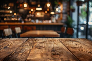 Abstract blurry cafe backdrop with an empty wooden board.