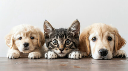 Cute kitten, white cat and golden retriever puppy peeking over empty table edge isolated on clear background