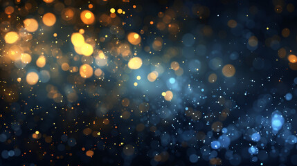 Festive background, Falling small round pieces of gold foil, glowing circles of different sizes on blue blurred bokeh background,abstract sparkling lights bokeh background
