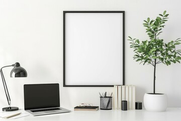 Stylish and Minimalist Workspace with Laptop, Frame, and Potted Plant on White Wall Background