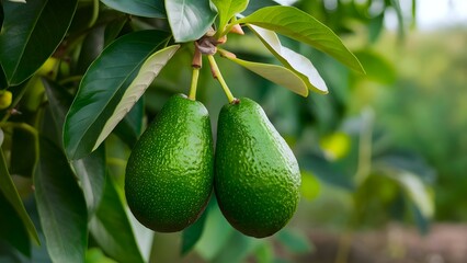 Two avocados are growing in the garden