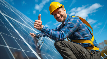 Low angle view portrait of a smiling worker, installing solar batteries, who is standing on ladder at solar plant against blue sky, showing thumb up. Concept of alternative sources of energy