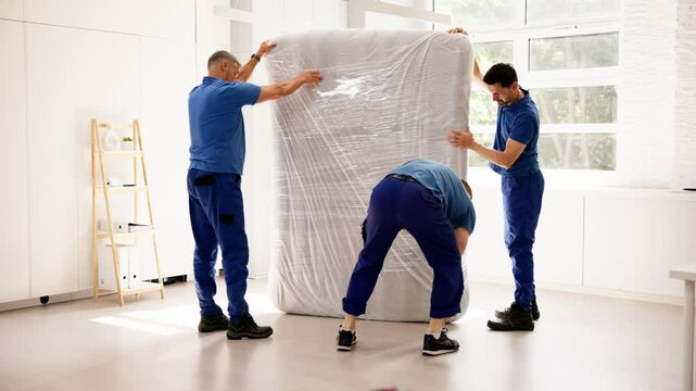 Professional movers delivering a new mattress and furniture to a happy customer