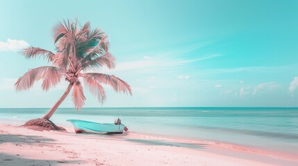 Light pink and turquoise pastel color beach with coconut tree and small boat on shore, sea background, aesthetic, dreamy