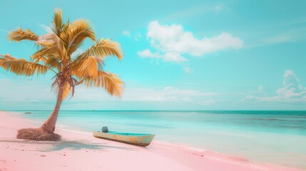 Light pink and turquoise pastel color beach with coconut tree and small boat on shore, sea background, aesthetic, dreamy