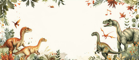 Detailed birthday invitation for a dinosaur animal themed party featuring dinosaur creatures with a white blank center