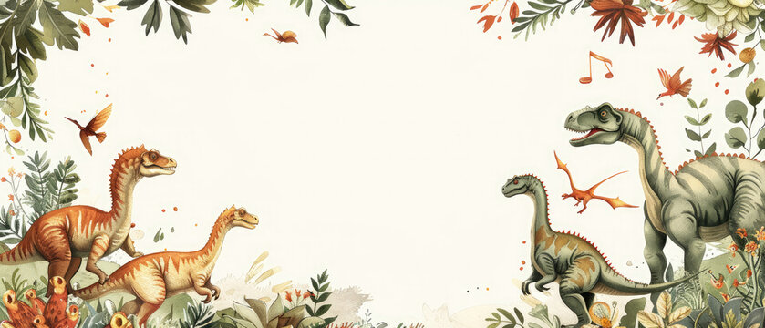 Detailed birthday invitation for a dinosaur animal themed party featuring dinosaur creatures with a white blank center