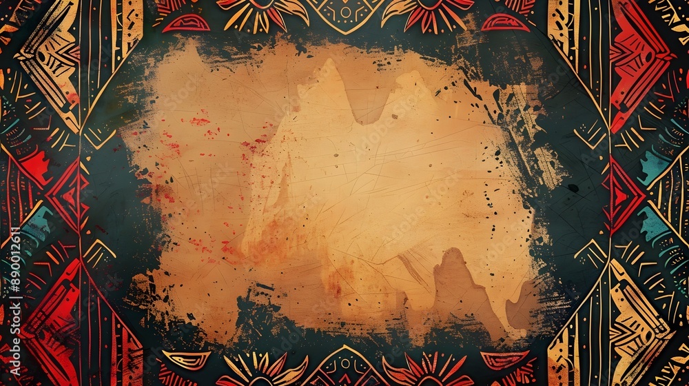 Poster vibrant tribal frame with bold patterns and earthy design elements on colorful background