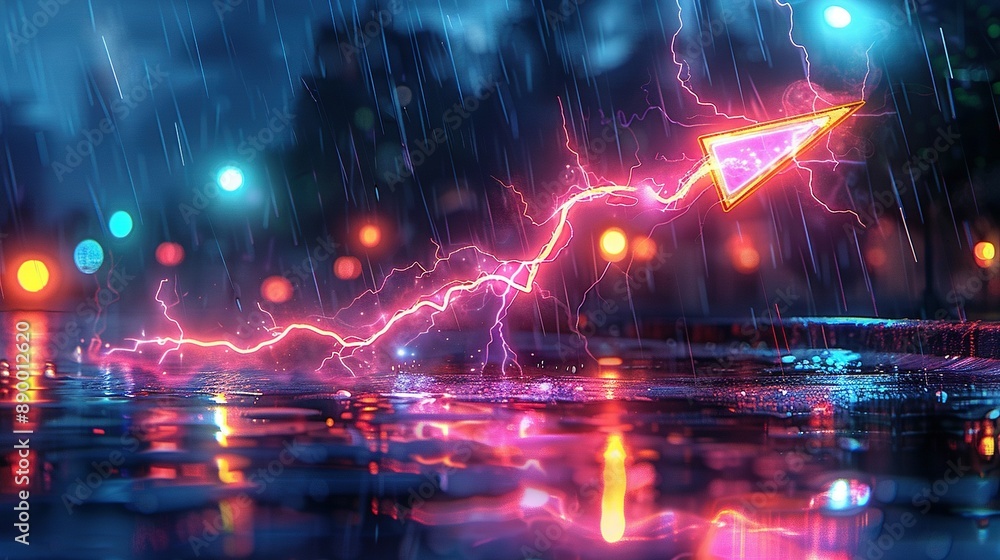 Poster a lightning bolt in the rain with a red arrow in the center of the image
