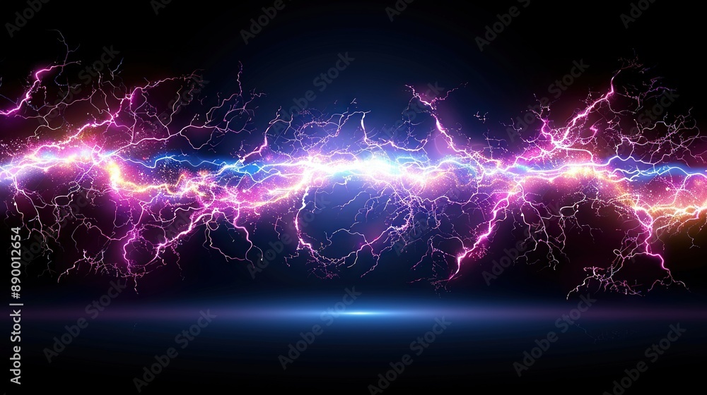 Poster dark background with a cluster of bright lightning bolts at its center and a brilliant lightning bol