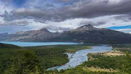 Panoramic of Lake O'Higgins and the Andes Mountains. Villa O'Higgins, Patagonia Chile