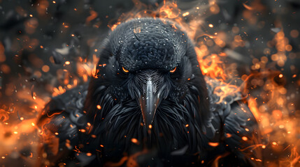 A raven with black flames enveloping its body