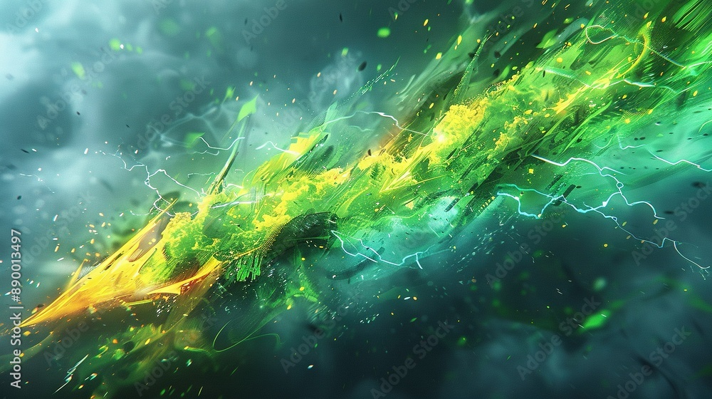 Poster a yellow-green object in the sky with lightning emanating from its top