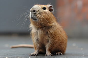  A small brown rodent sitting on the ground.