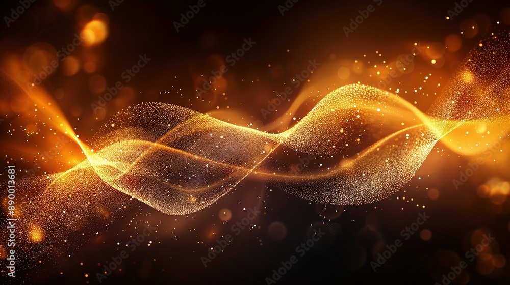 Poster an abstract image featuring a golden wave of light on a black background, with a subtle bokeh effect